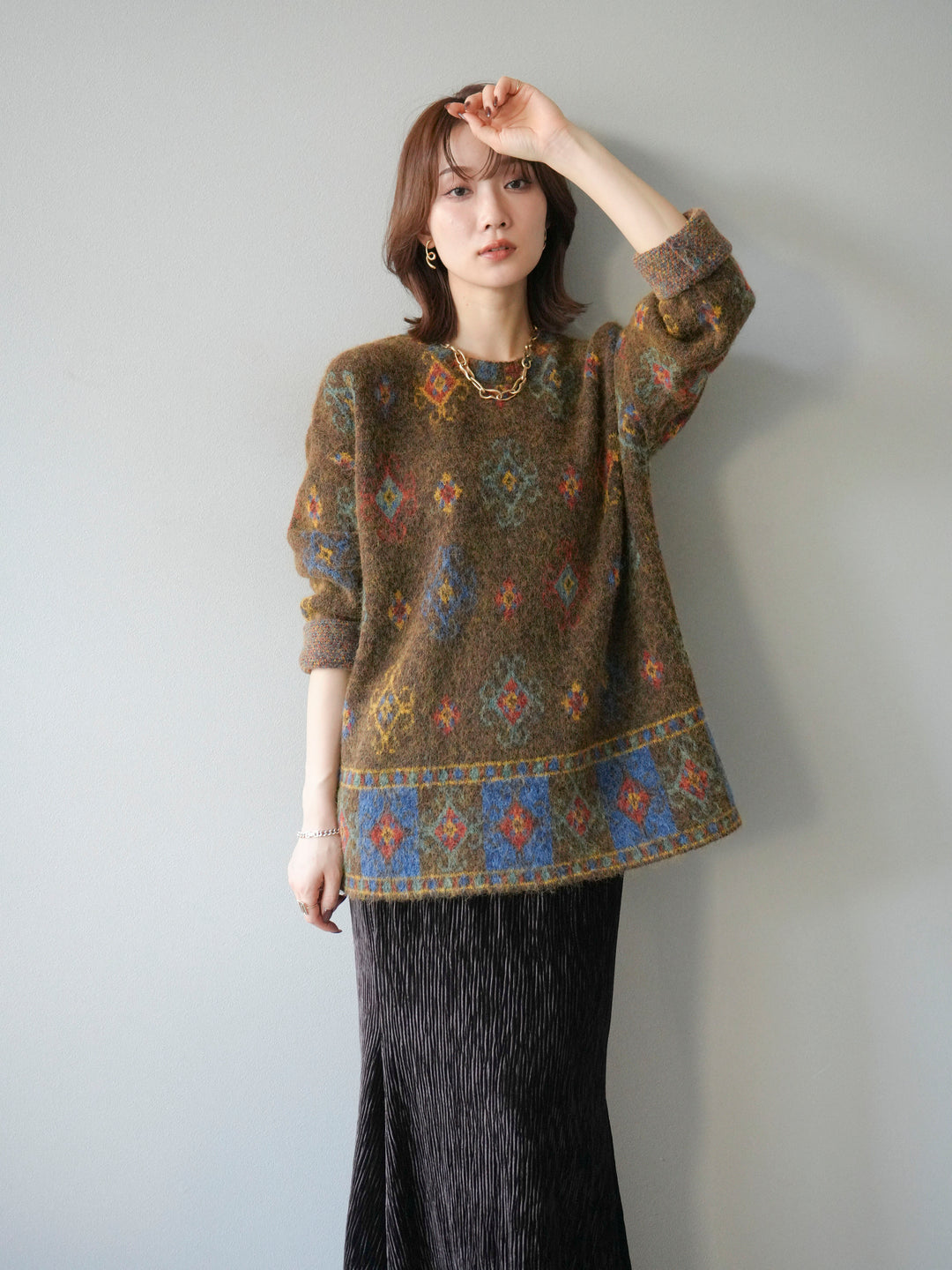 [予約]ヴィンテージ柄オーバーニットプルオーバー/ブラウン