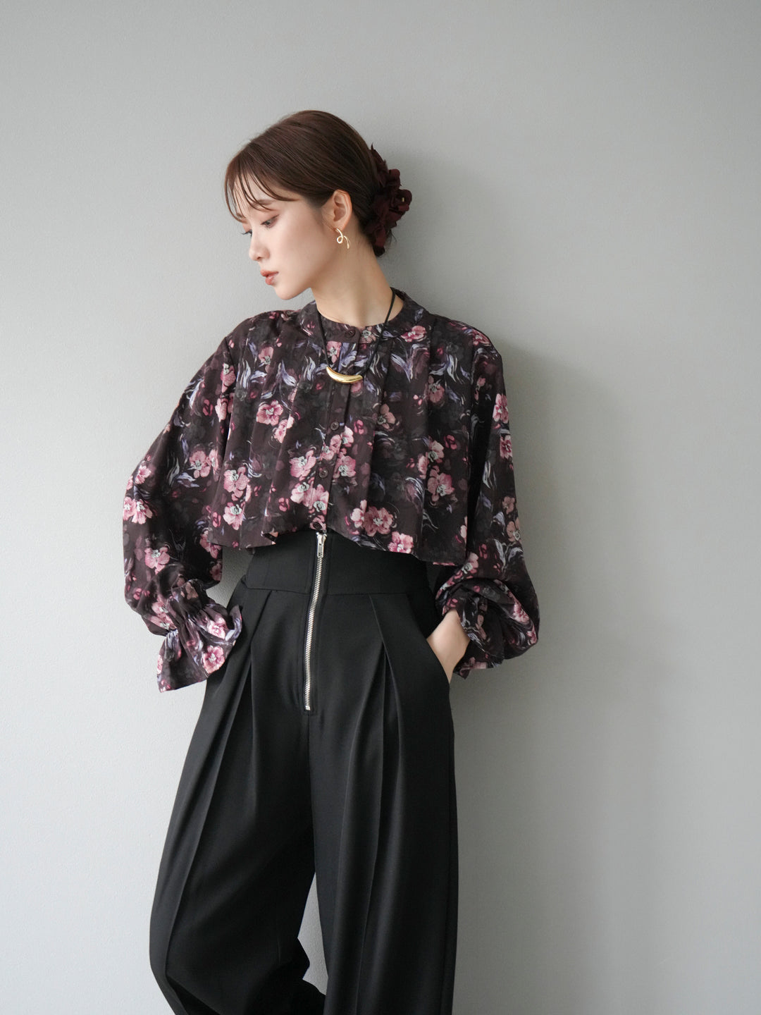 [予約]フラワーフリルブラウス/ブラウン