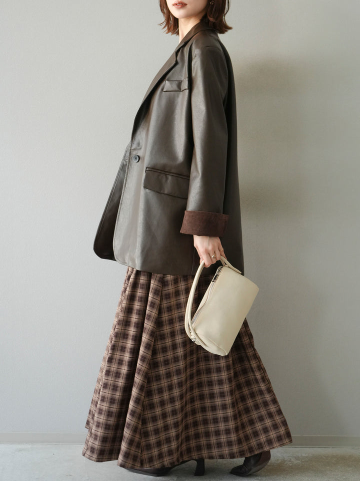 [予約]チェックタックフレアロングスカート/ ブラウン