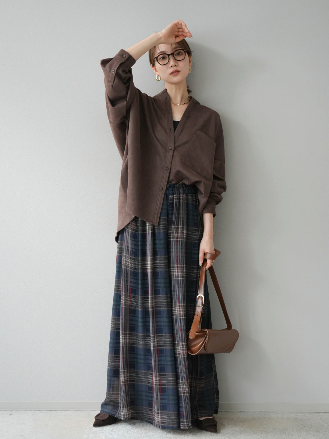 [SET]スエードバンドカラーオーバーシャツ+シアーチェックバギーパンツ(2set)