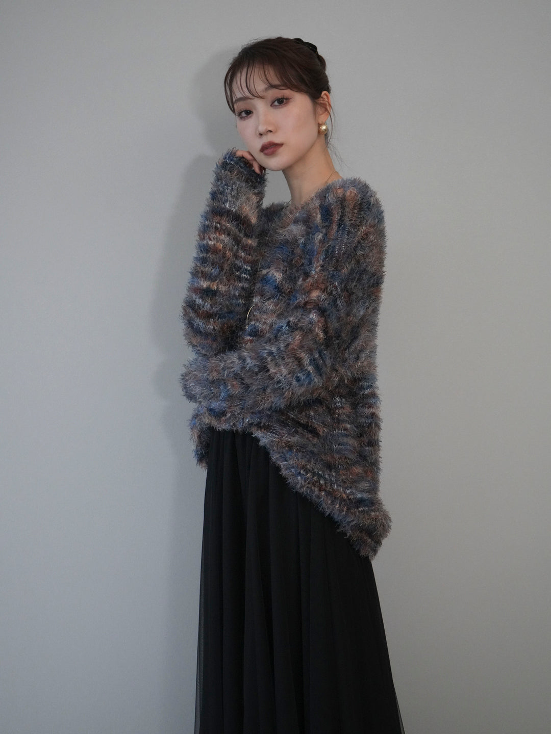 [予約]ミックスシャギールーズニットプルオーバー/blue