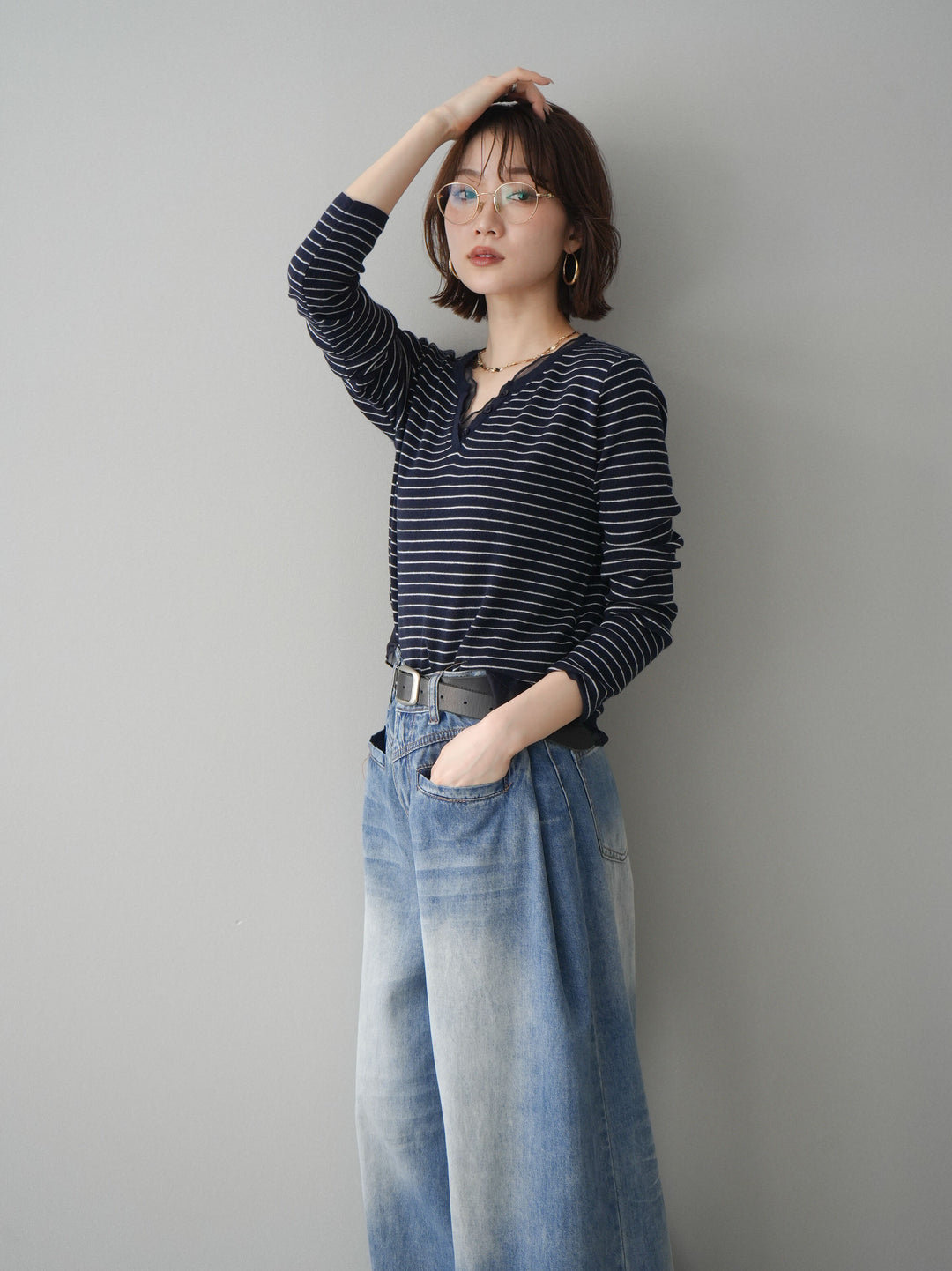 [SET]チュールレイヤードデザインボーダーニットトップス+フロントポケットサイドタックワイドデニム(2set)