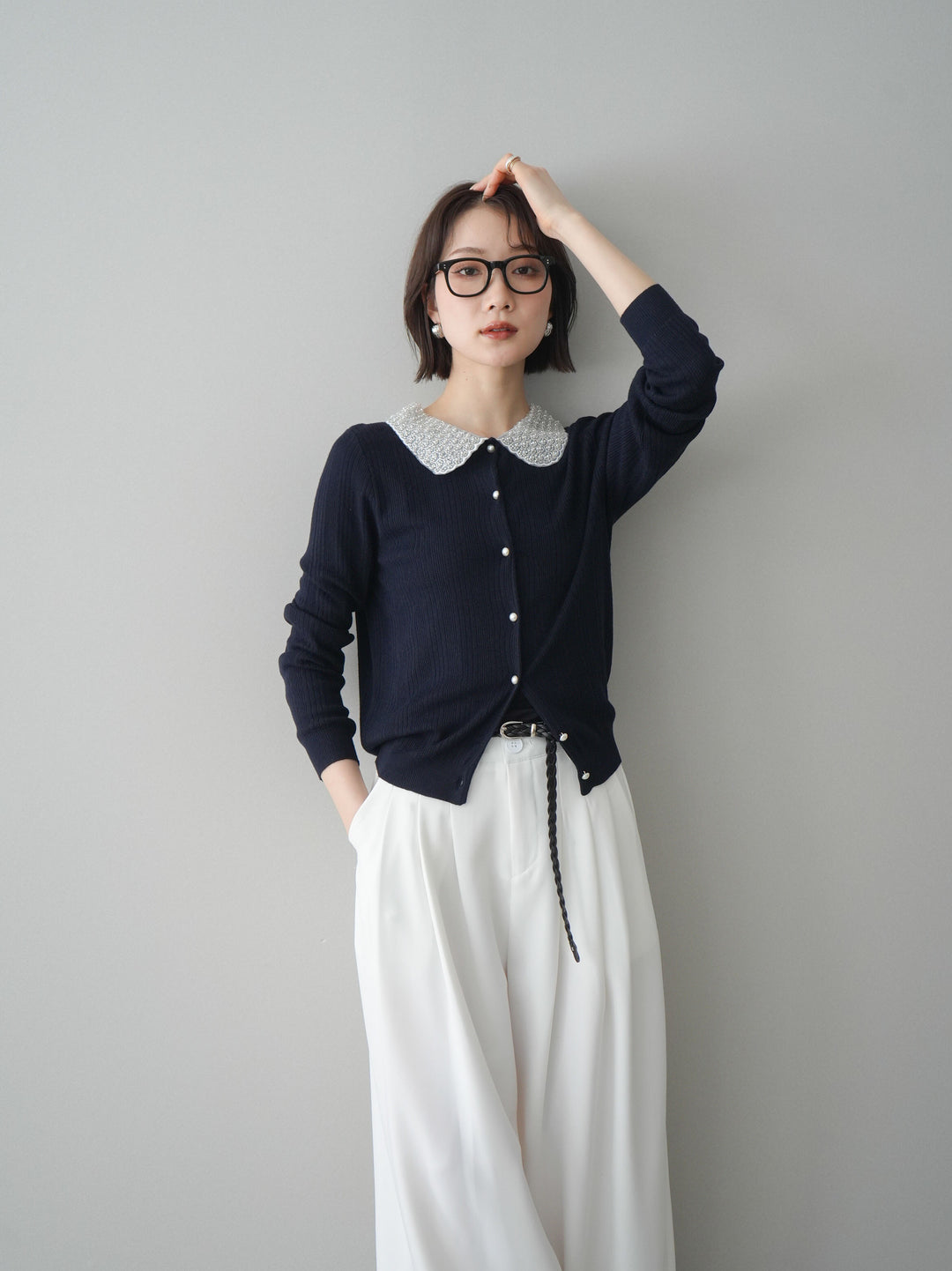 [SET]ビジュー襟パールボタンニットカーディガン+編み込みベルト付タックワイドパンツ(2set)