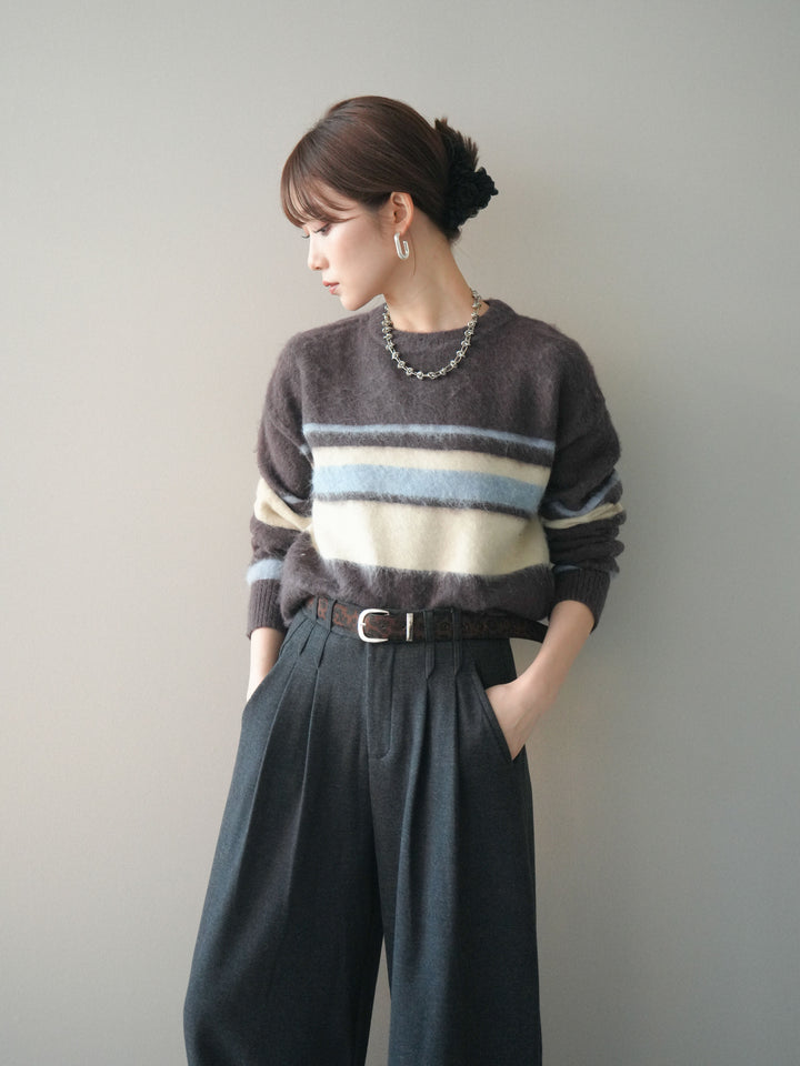 [予約]ソフトタッチボーダークロップドニットプルオーバー/brown