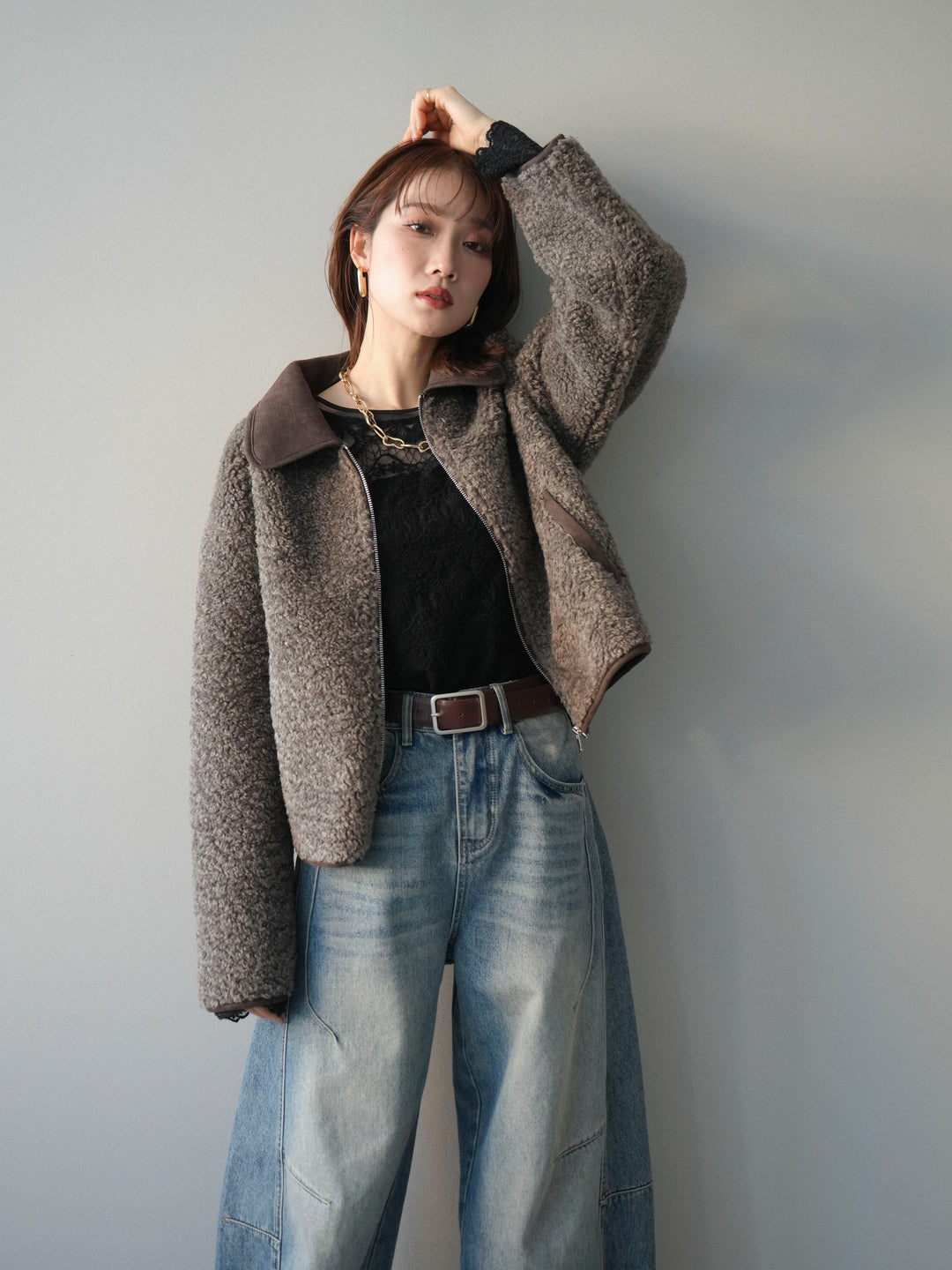 [予約]スエード襟ボアショートジャケット/brown