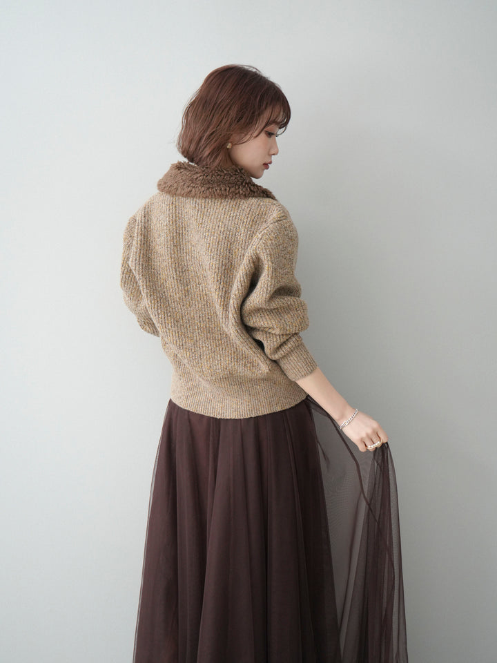[予約]襟ボアミックスヤーンニットカーディガン/brown