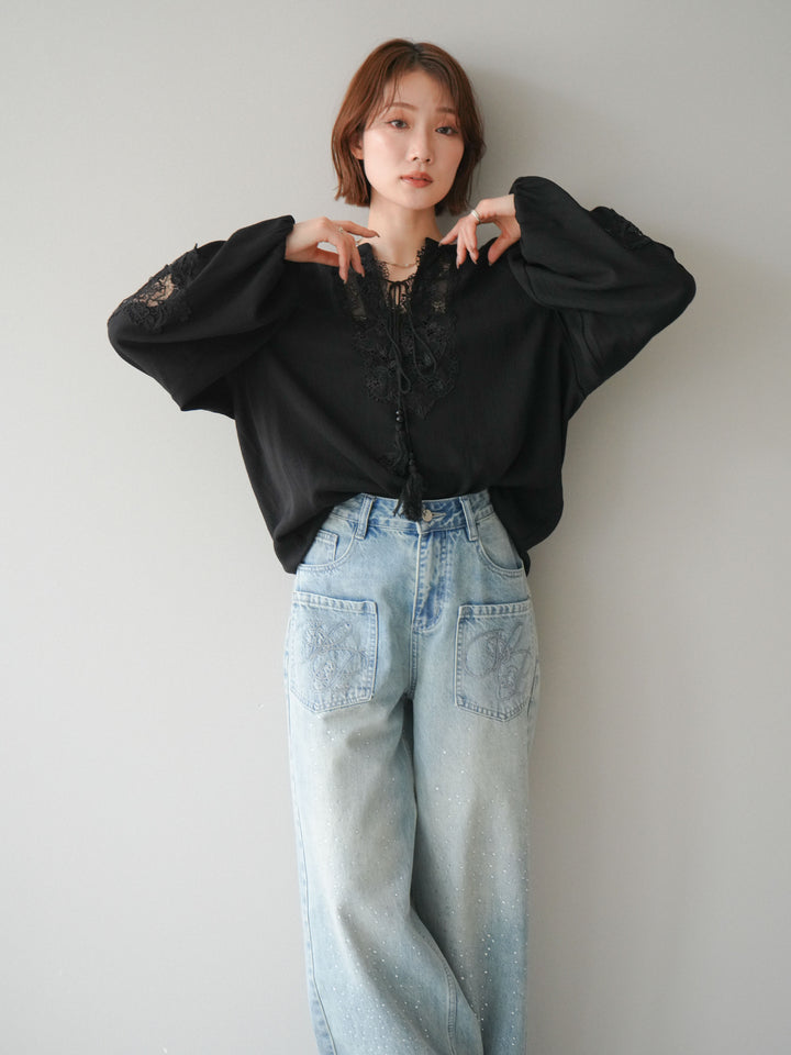 [予約]レーススリーブスキッパーブラウス/black