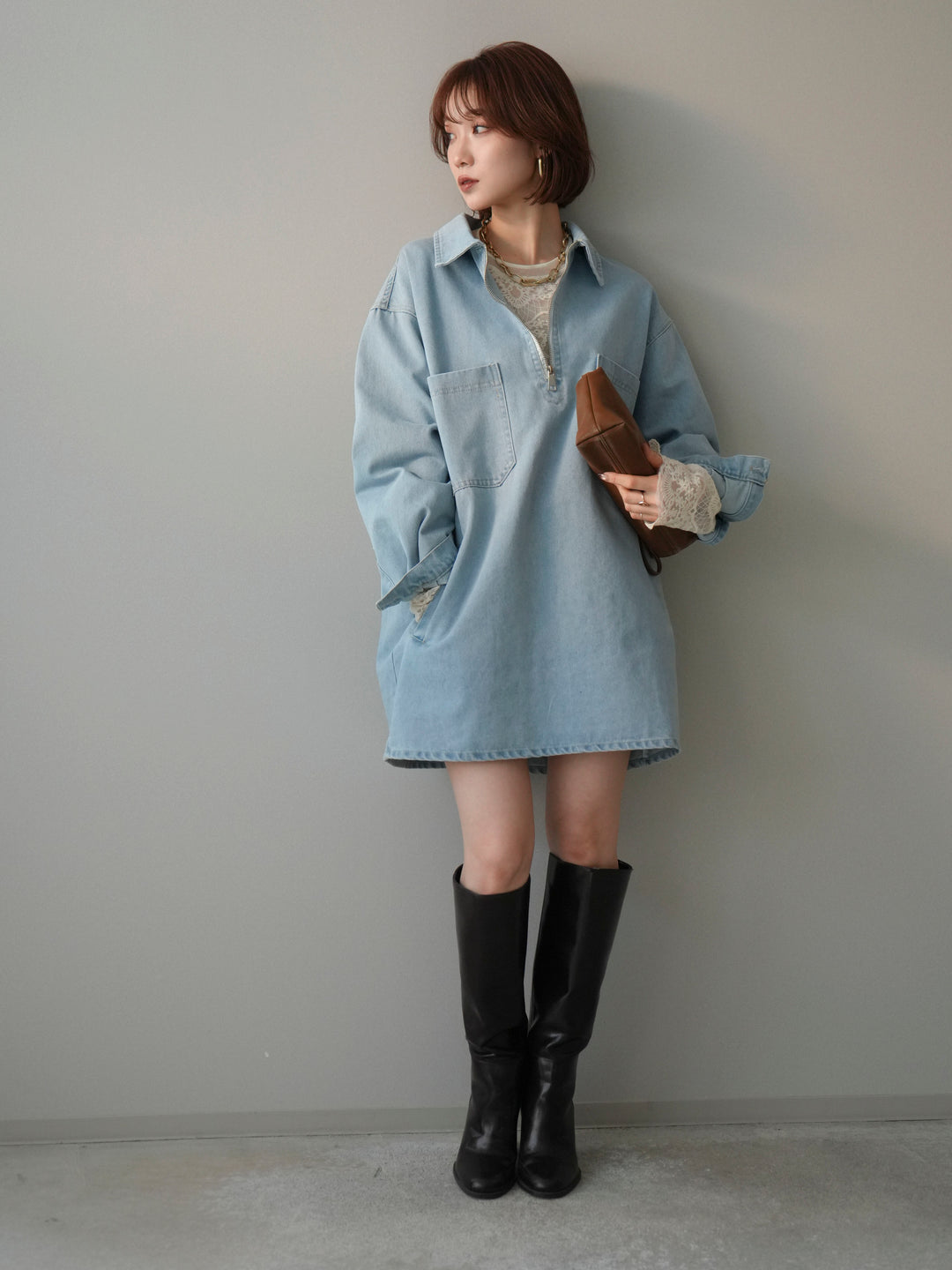 [SET]ハーフジップデニムミニワンピース+チュールレーストップス(2set)