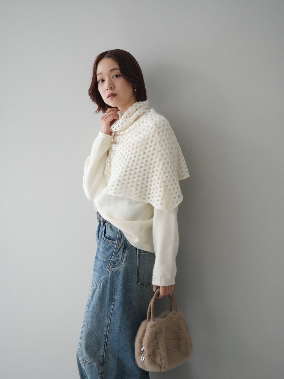 [予約]メッシュケープアンサンブルニットプルオーバー/white