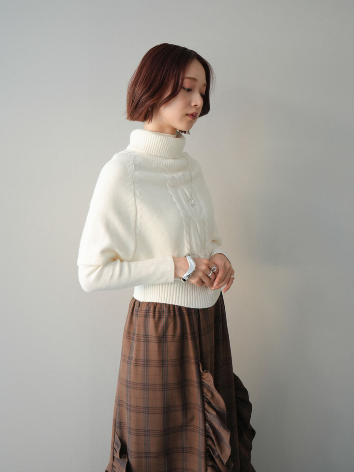 [予約]ケーブル編みタートルハーフスリーブニットアンサンブル/ivory