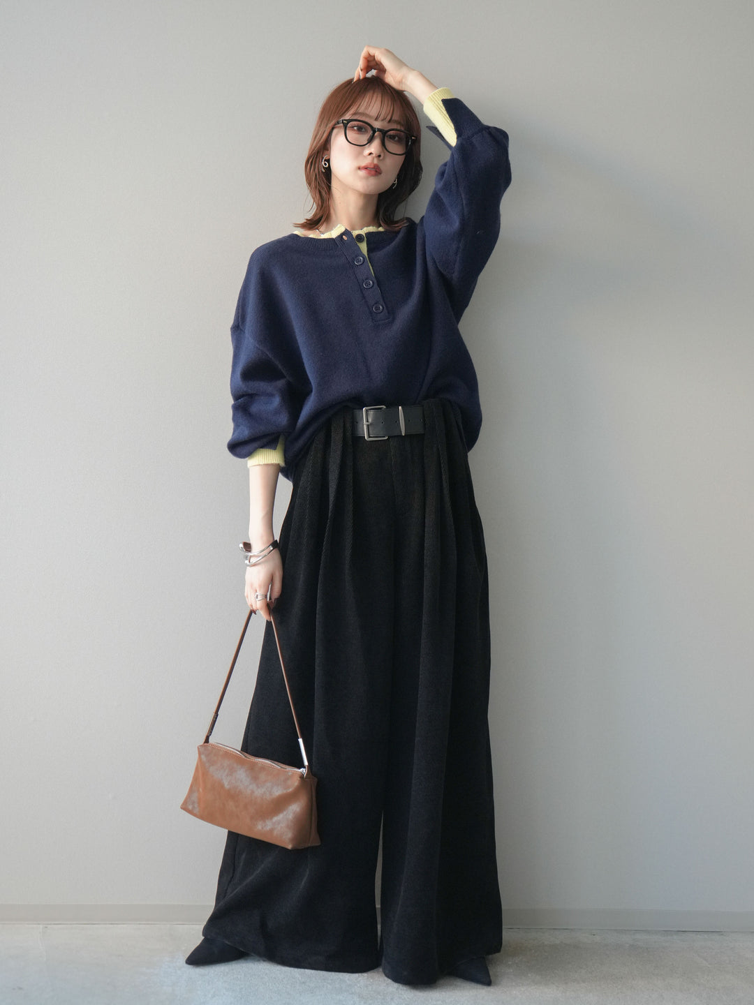 [予約]ベルトデザインループコールテンワイドパンツ(ベルト付き)/black