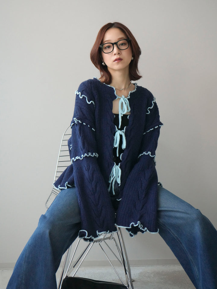 [SET]フロントリボン配色メローニットカーディガン+裏起毛裾フリンジワイドデニムパンツ(2set)