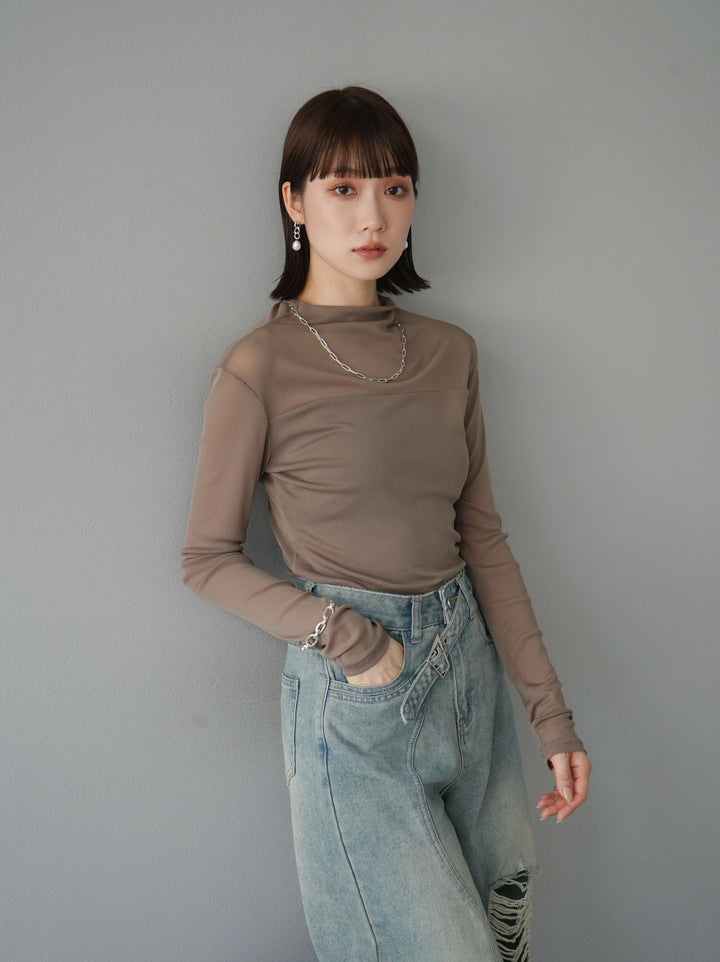 [SET]シアー切替ストレッチ長袖トップス+シアー切替ストレッチトップス(2set)