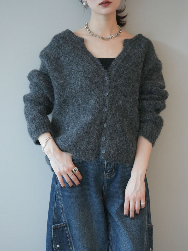 [予約]キーネックシャギーニットカーディガン/gray
