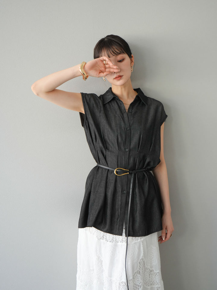 【預訂】天絲牛仔收腰無袖上衣/黑色