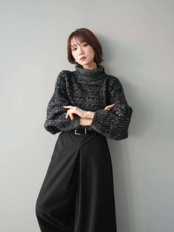 [予約]オフタートルケーブル編みニットプルオーバー/black