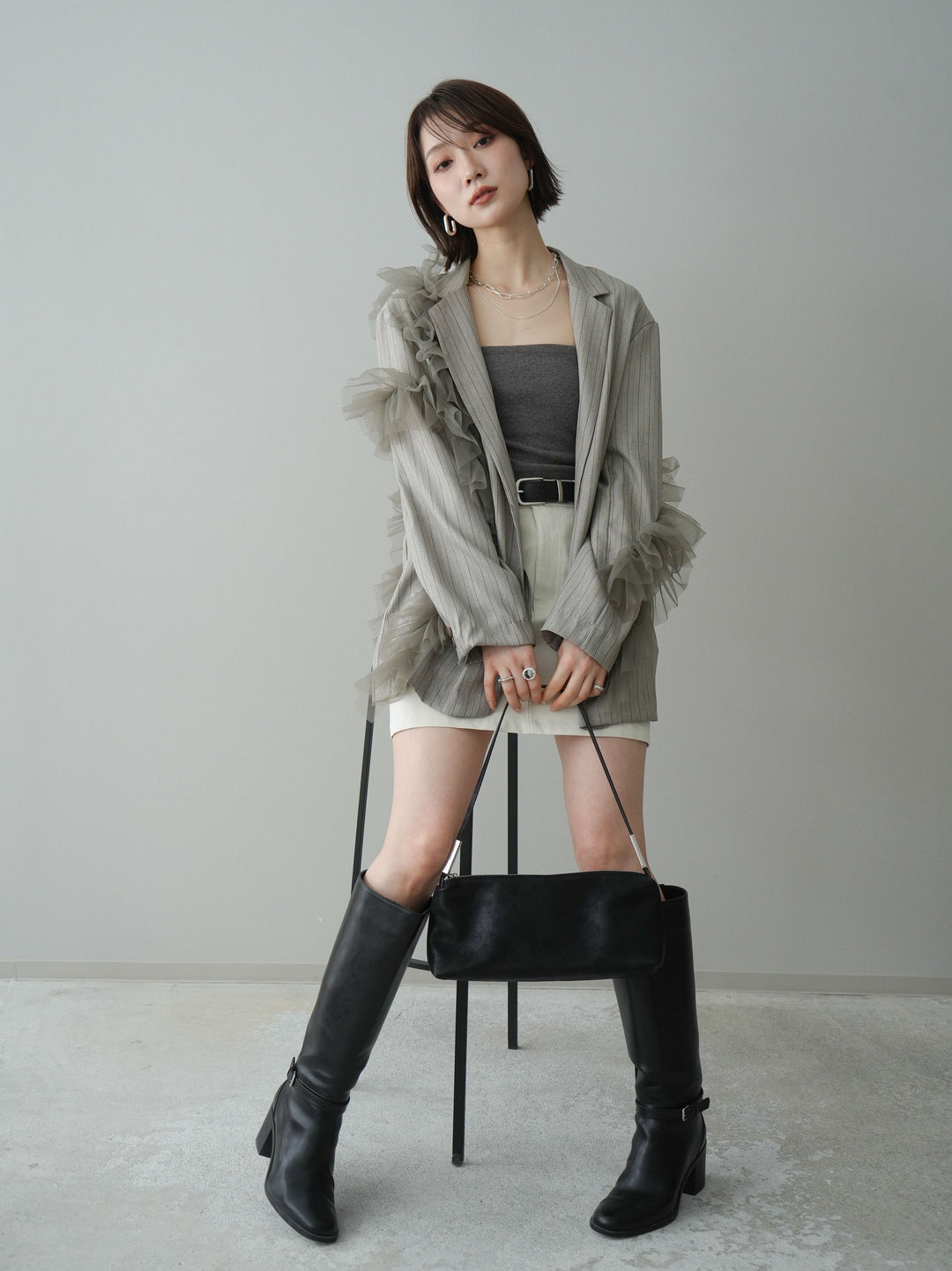 [予約]アシンメトリーチュールストライプジャケット/greige