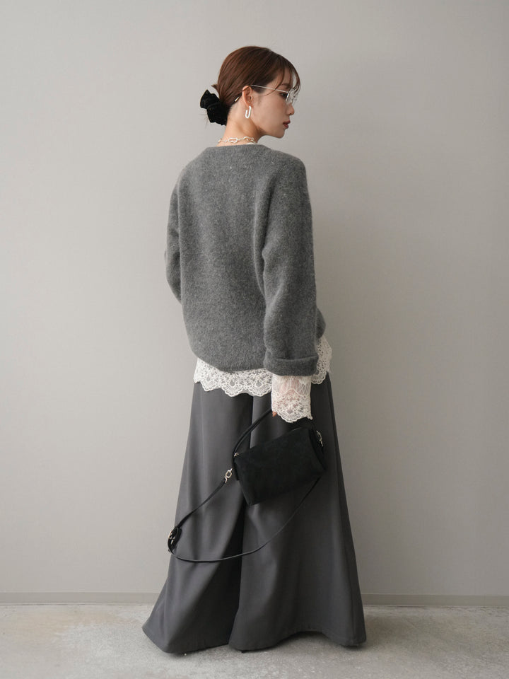 [SET]アンゴラタッチクルーネックニットプルオーバー+チュールレーストップス+テープベルトタックバギーパンツ(3set)