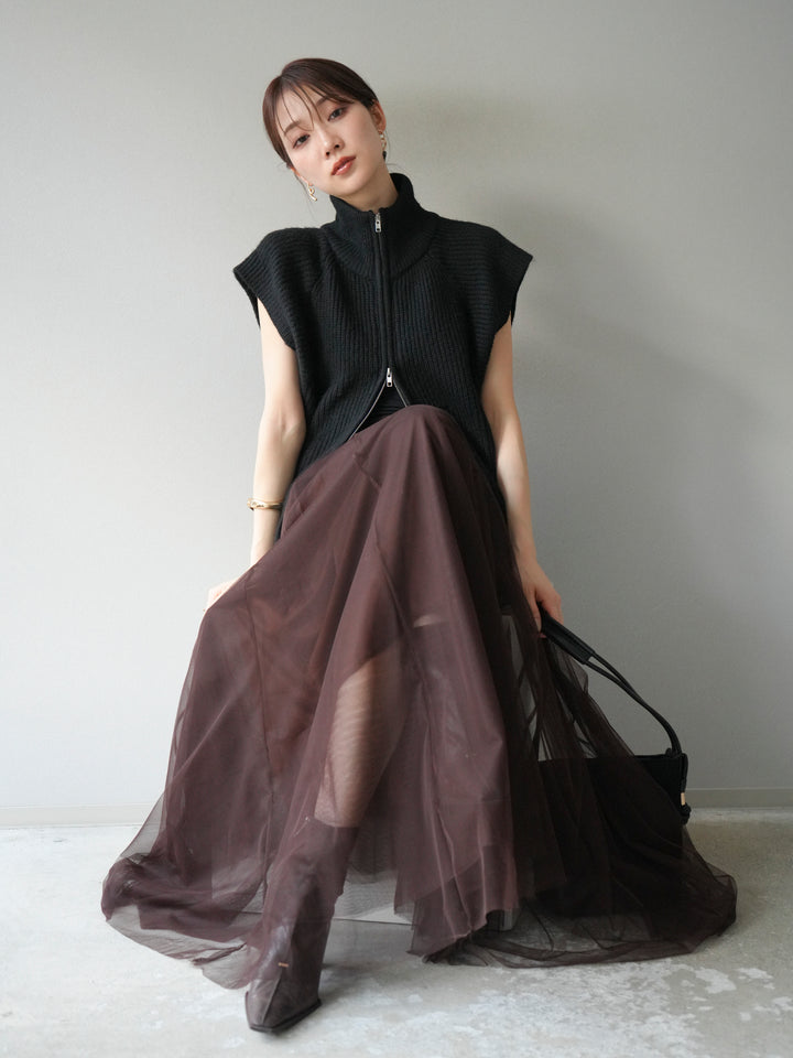 [予約]ダブルZIPハイネック畦編みニットベスト/ブラック