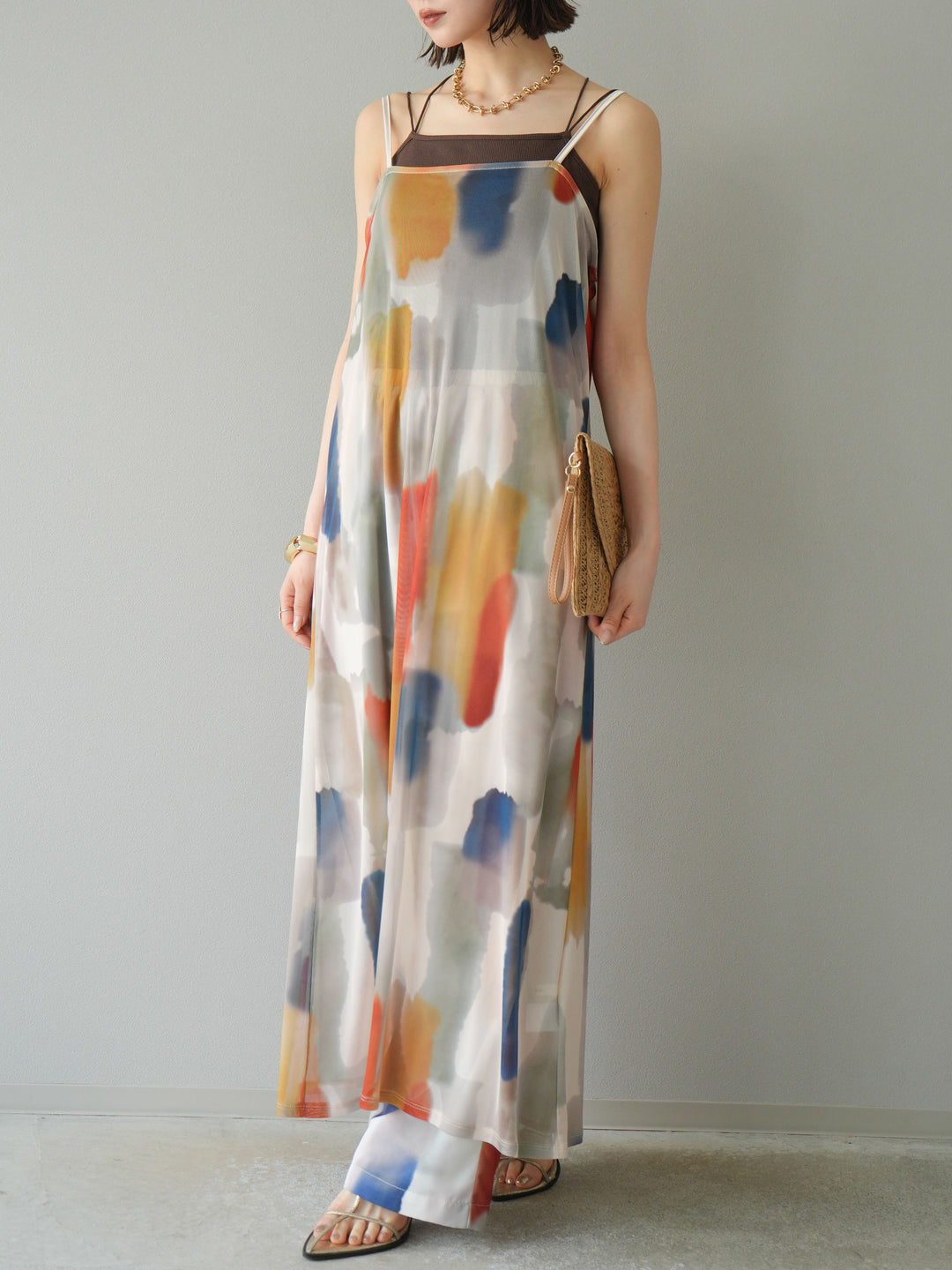 [予約]水彩アートシアーキャミワンピース/オフホワイト