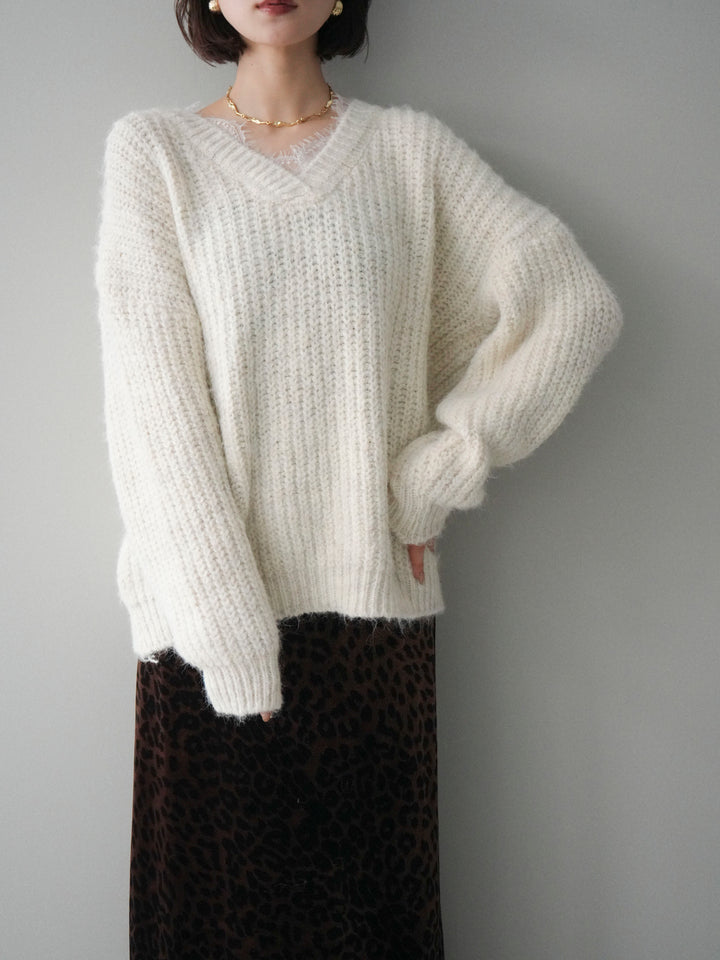 [SET]Vネックレースニットプルオーバー+選べるアクセセット(2set)