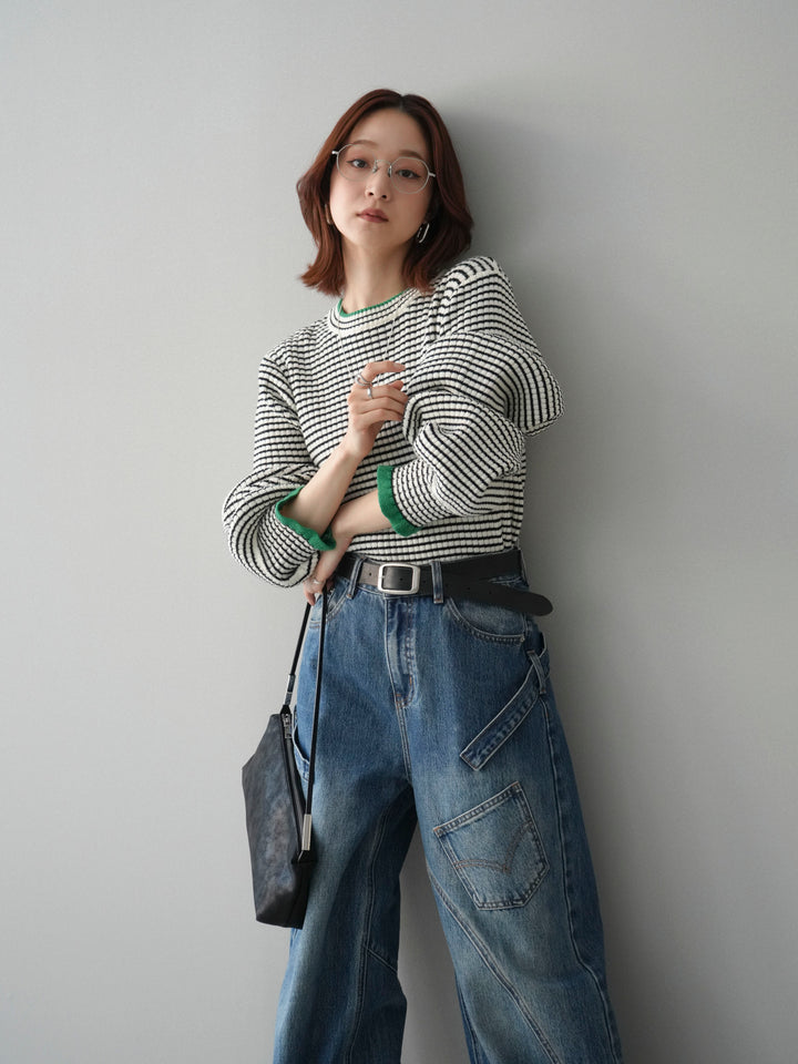 [SET]ラメ異素材ボーダーリブニットプルオーバー+ペインターカーブデニムパンツ(2set)