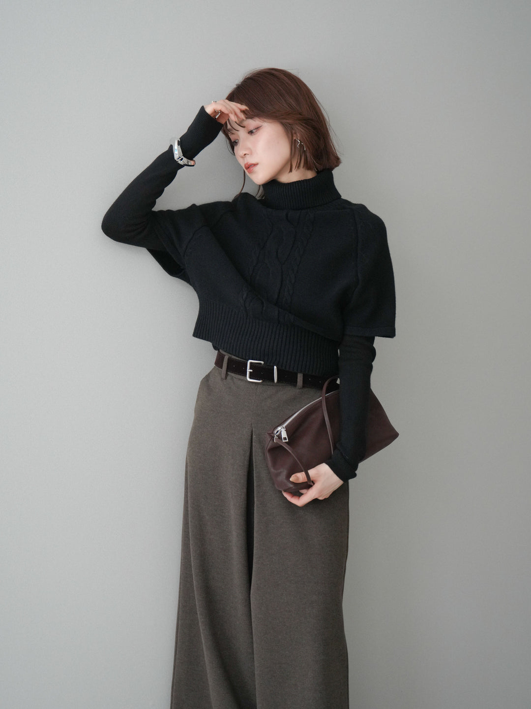 [予約]ケーブル編みタートルハーフスリーブニットアンサンブル/black