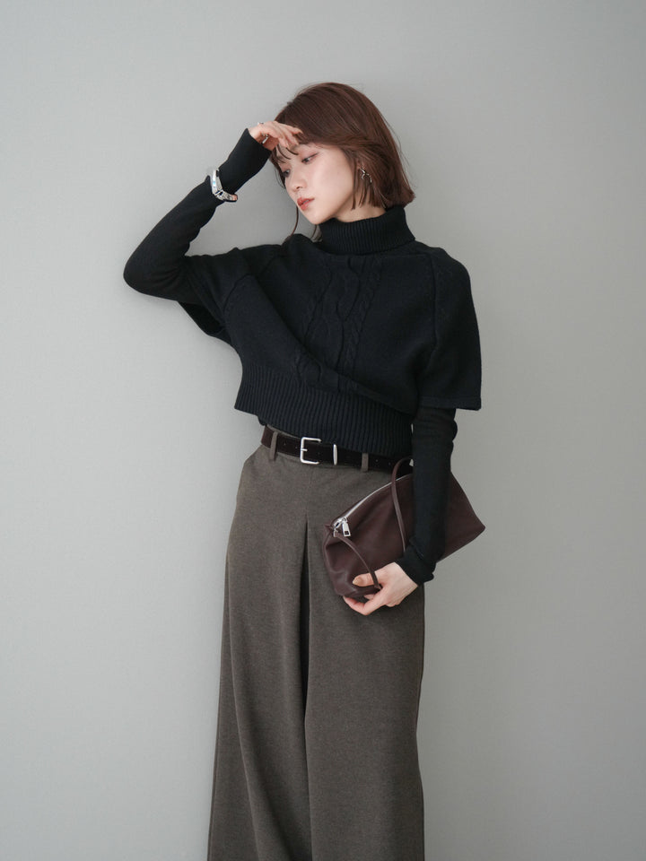 [予約]ケーブル編みタートルハーフスリーブニットアンサンブル/black