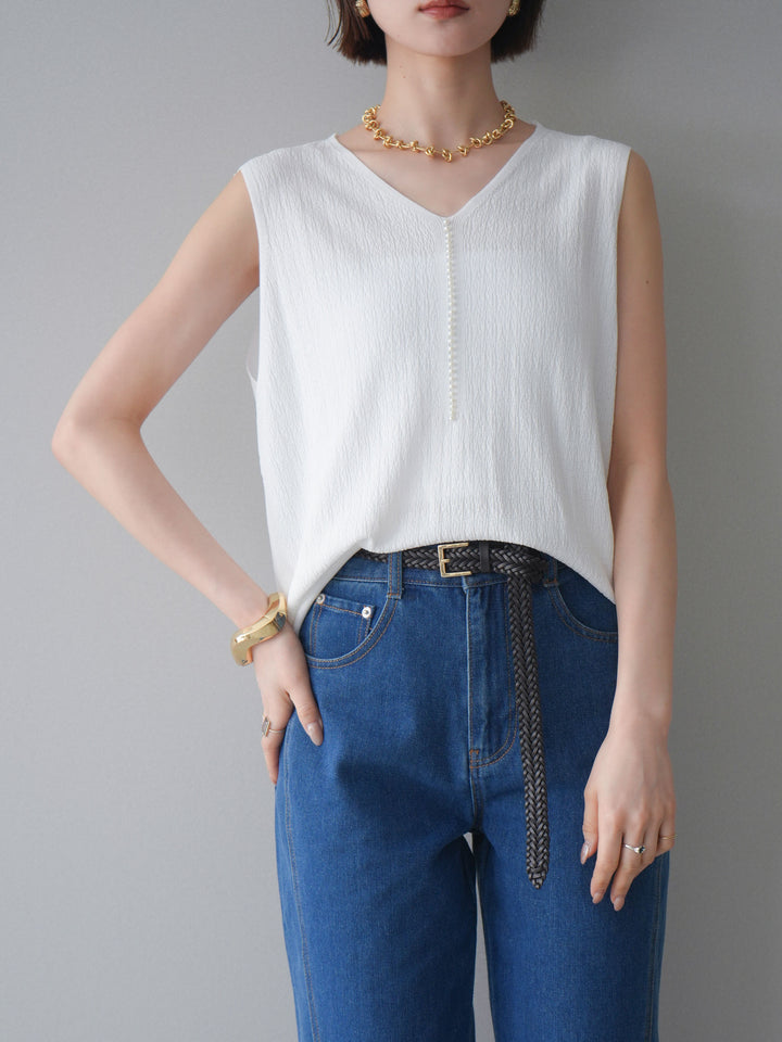 【預購】珍珠圖案V領針織上衣/白色