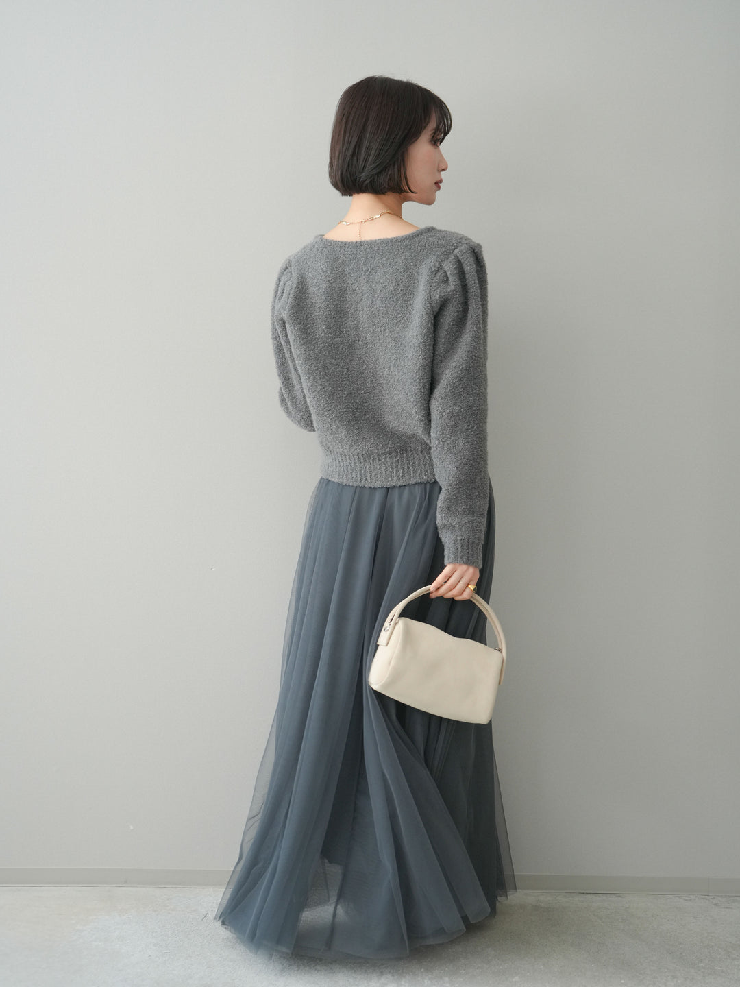 [SET]ゴールドボタンブークレニットカーディガン+チュールボリュームスカート(2set)