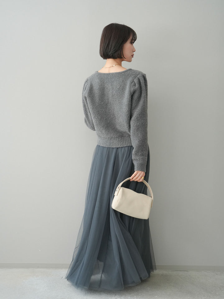 [SET]ゴールドボタンブークレニットカーディガン+チュールボリュームスカート(2set)