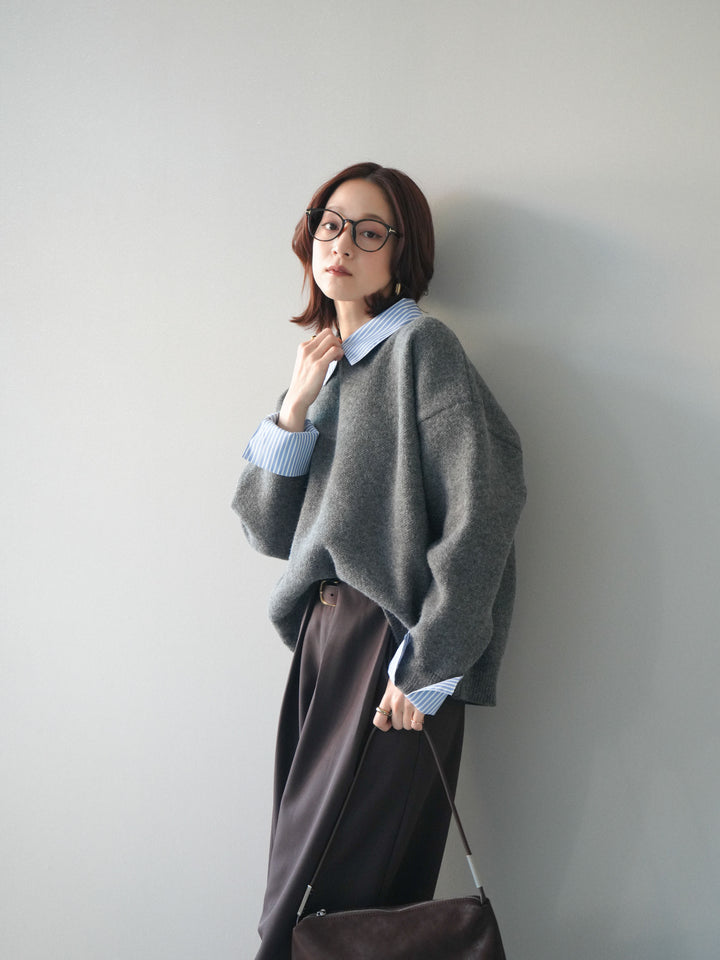 [SET]2WAYストライプ襟ニットプルオーバー+ベルトループデザインワイドパンツ(2set)