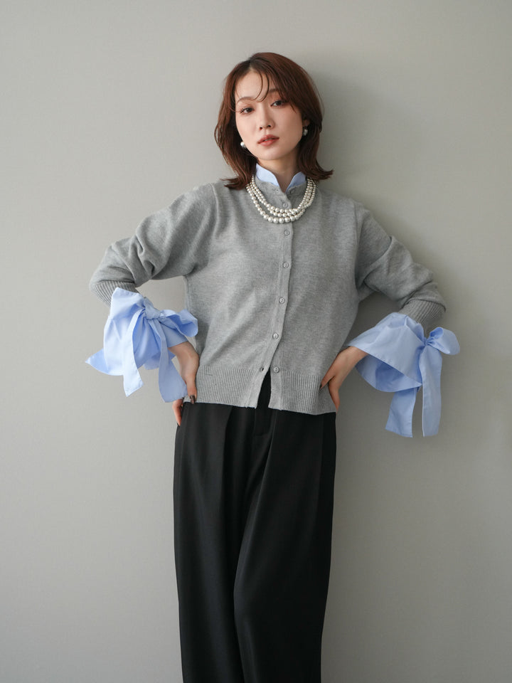 [予約]ウールライクリボンシャツカーディガン/gray