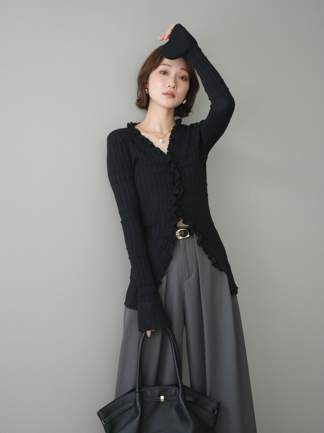 [予約]フロントフリルリブニットカーディガン/black