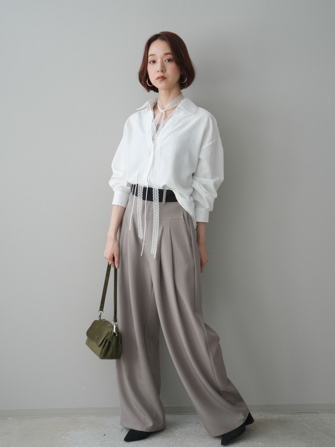 [予約]ウエストバイカラータックワイドパンツ/greige