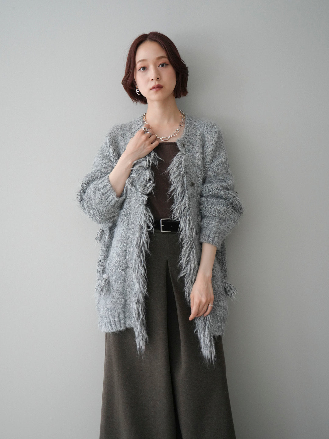 [SET]ミックスヤーンフリンジデザインニットジャケット+ストーンフォークリング(2set)