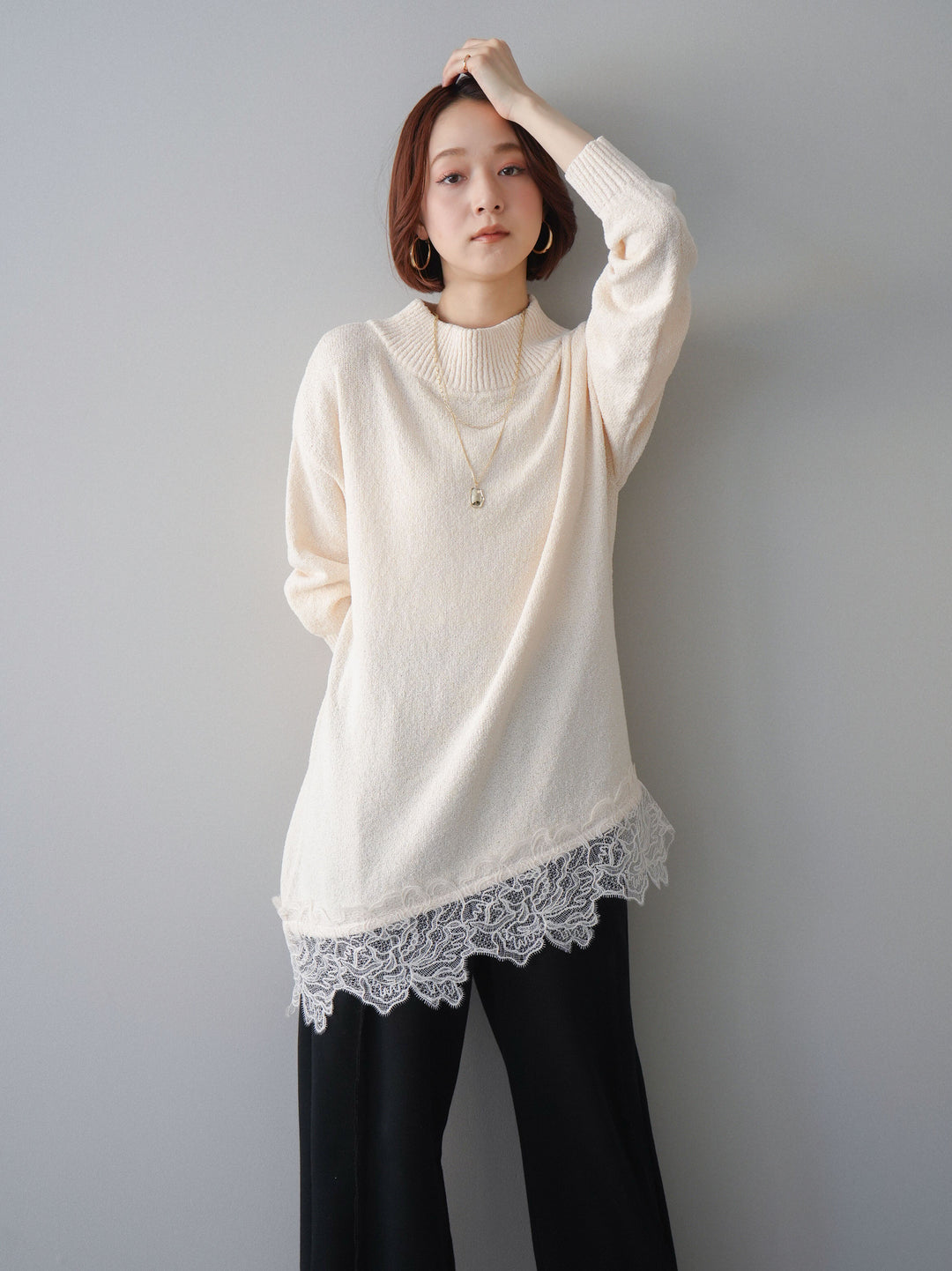 [SET]アシンメトリーレースヘムニットプルオーバー+2WAYデザインスウェットパンツ(2set)