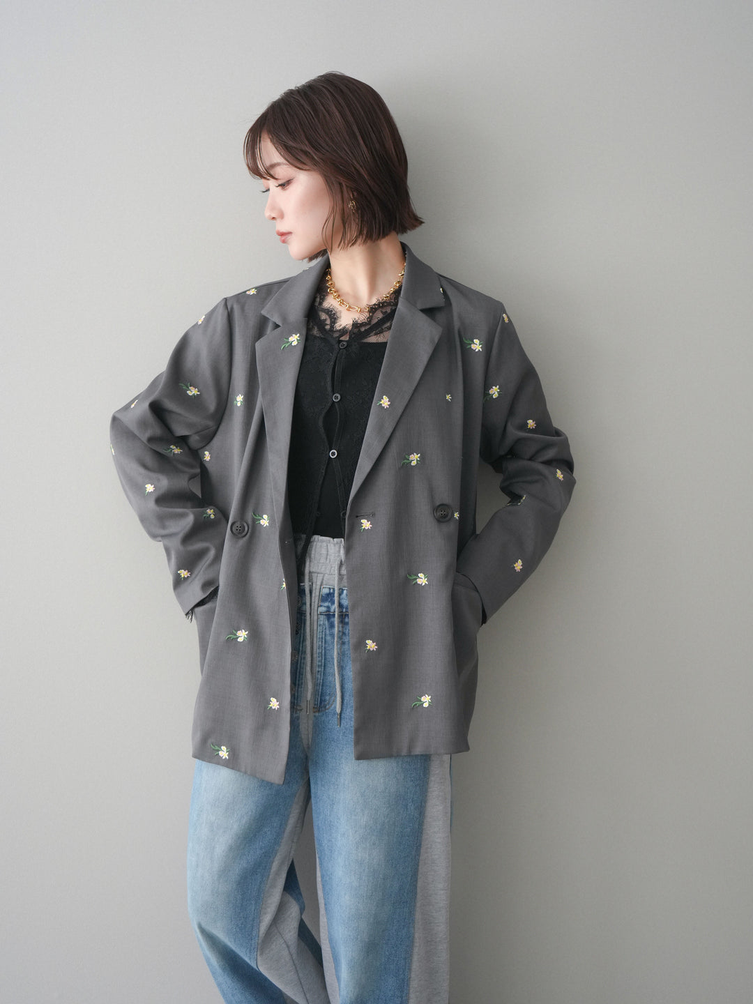 [予約]フラワー刺繍テーラードジャケット/gray