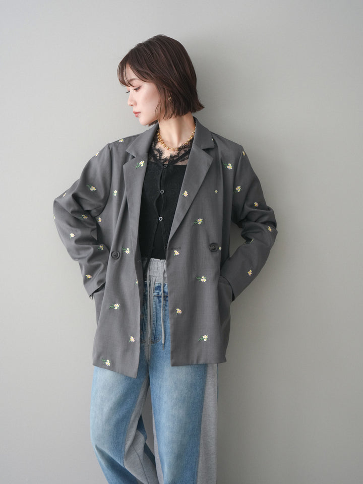 [予約]フラワー刺繍テーラードジャケット/gray