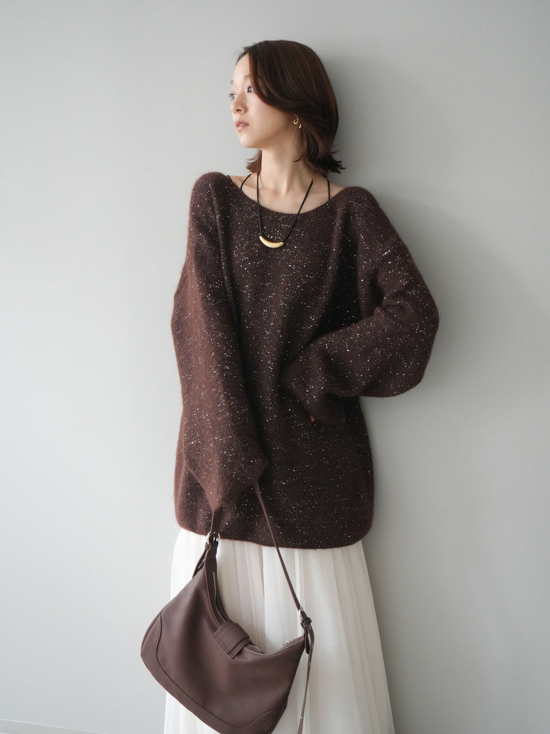 [予約]スパンコールミニシャギーニットチュニック/brown