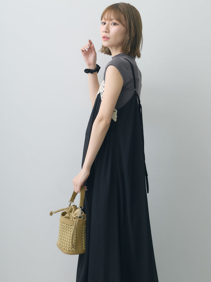 [SET]センタークロシェレースキャミワンピース+シアー切替ストレッチトップス(2set)