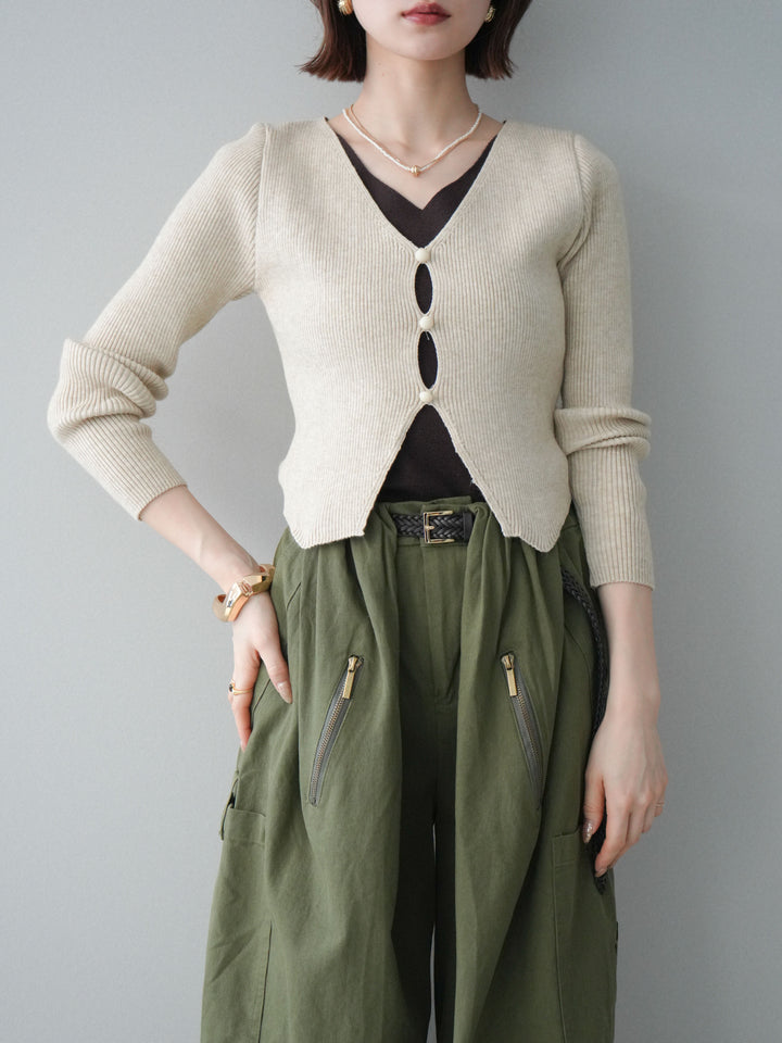 [SET]Vネック配色レイヤードスリットニットトップス+選べるアクセセット(2set)