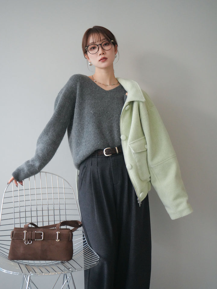 [SET]ウールライクフライトジャケット+シュシュ付きアンゴラタッチVネックニットプルオーバー(2set)