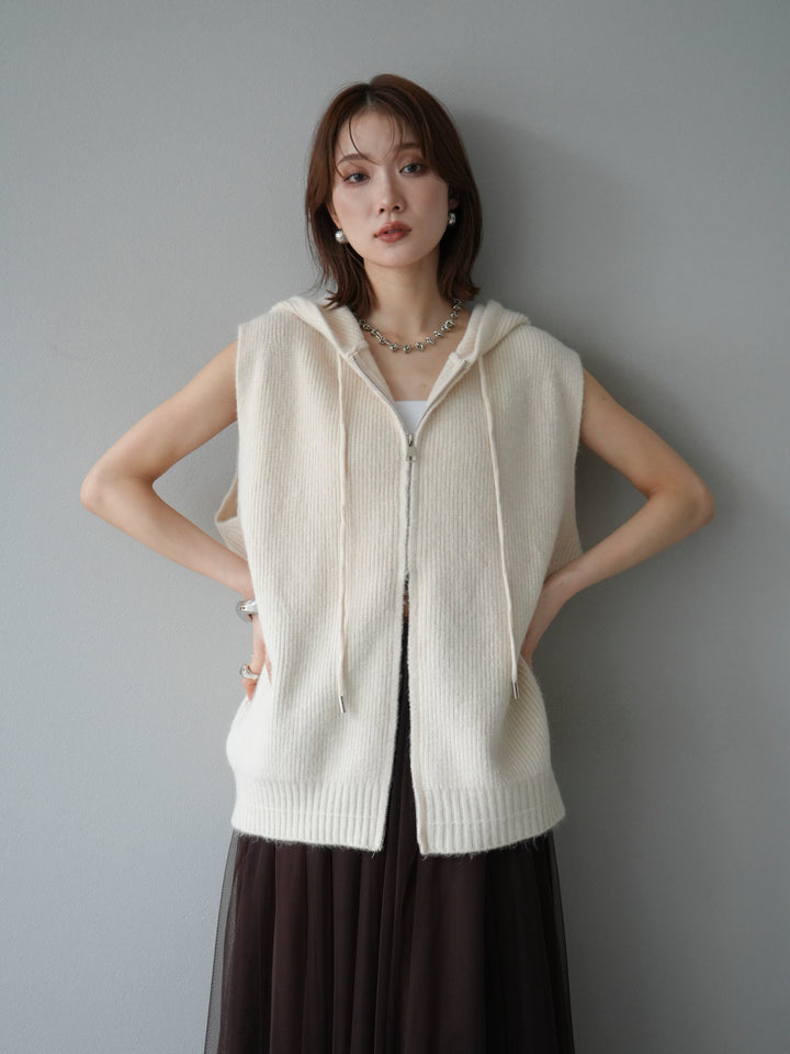 【預購】無袖針織連帽衫/象牙白