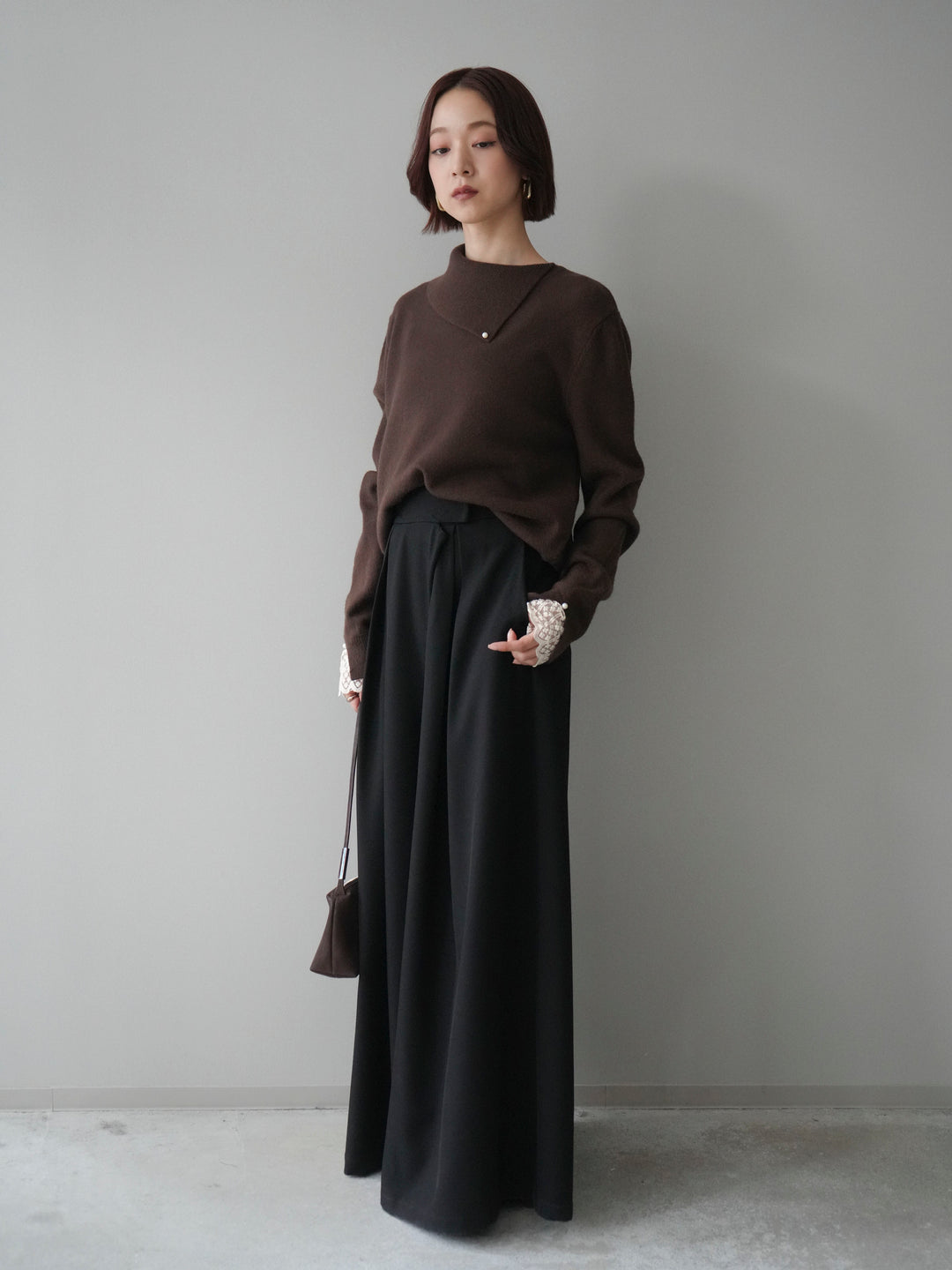 [SET]袖レースパール付き配色ニットトップス+テープベルトタックバギーパンツ(2set)