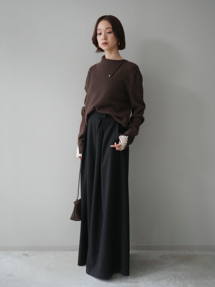 [SET]袖レースパール付き配色ニットトップス+テープベルトタックバギーパンツ(2set)