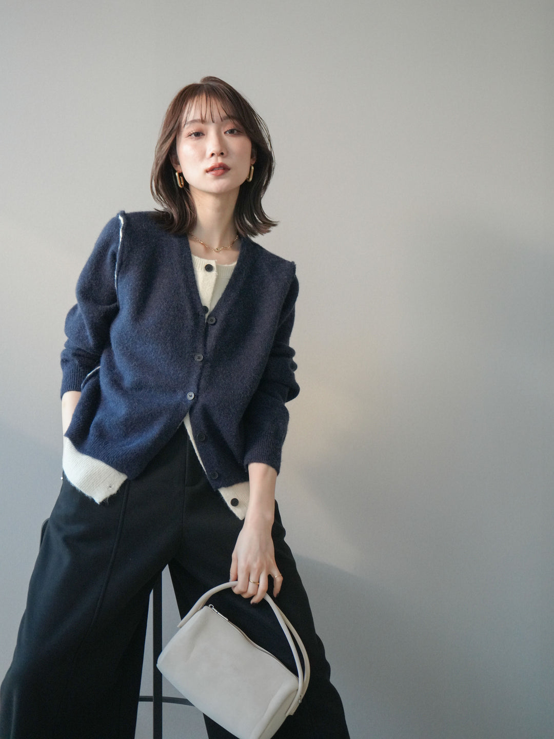 [予約]配色レイヤードニットカーディガン/navy