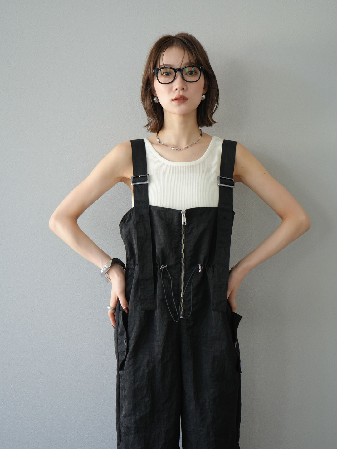 [予約]ナイロンタックデザインサロペット/ブラック