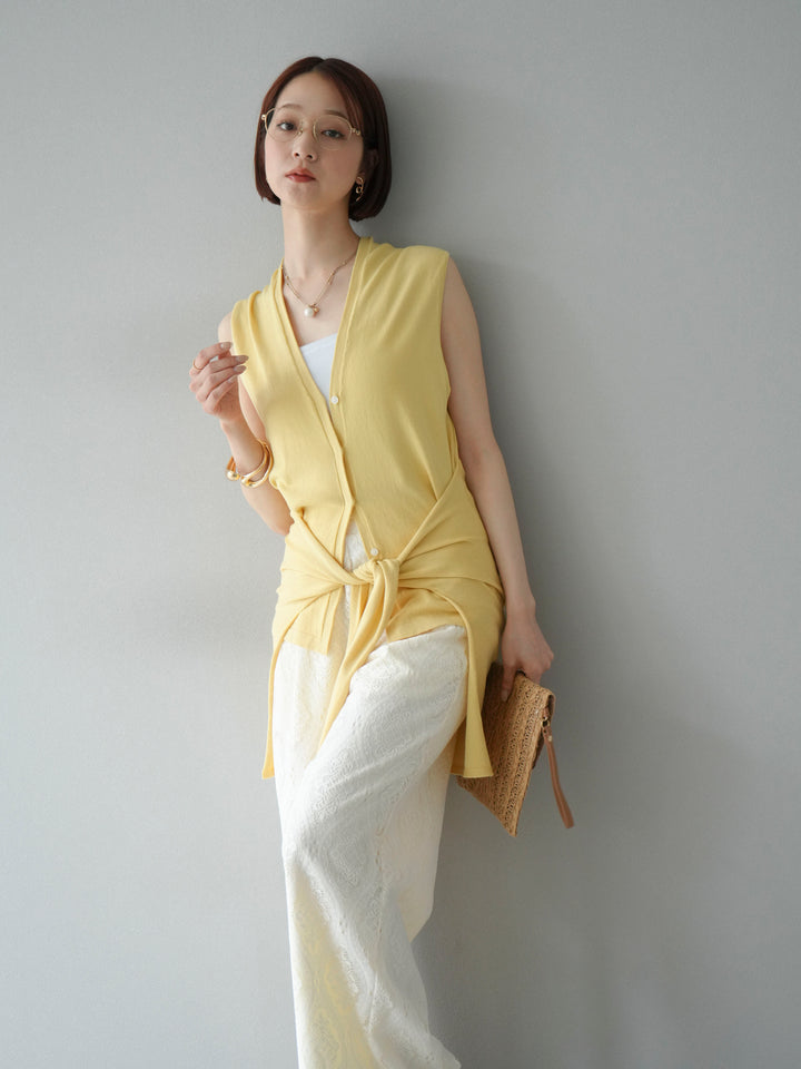 [SET]腰巻きデザインノースリーブニットカーディガン+レースタックイージーパンツ(2set)