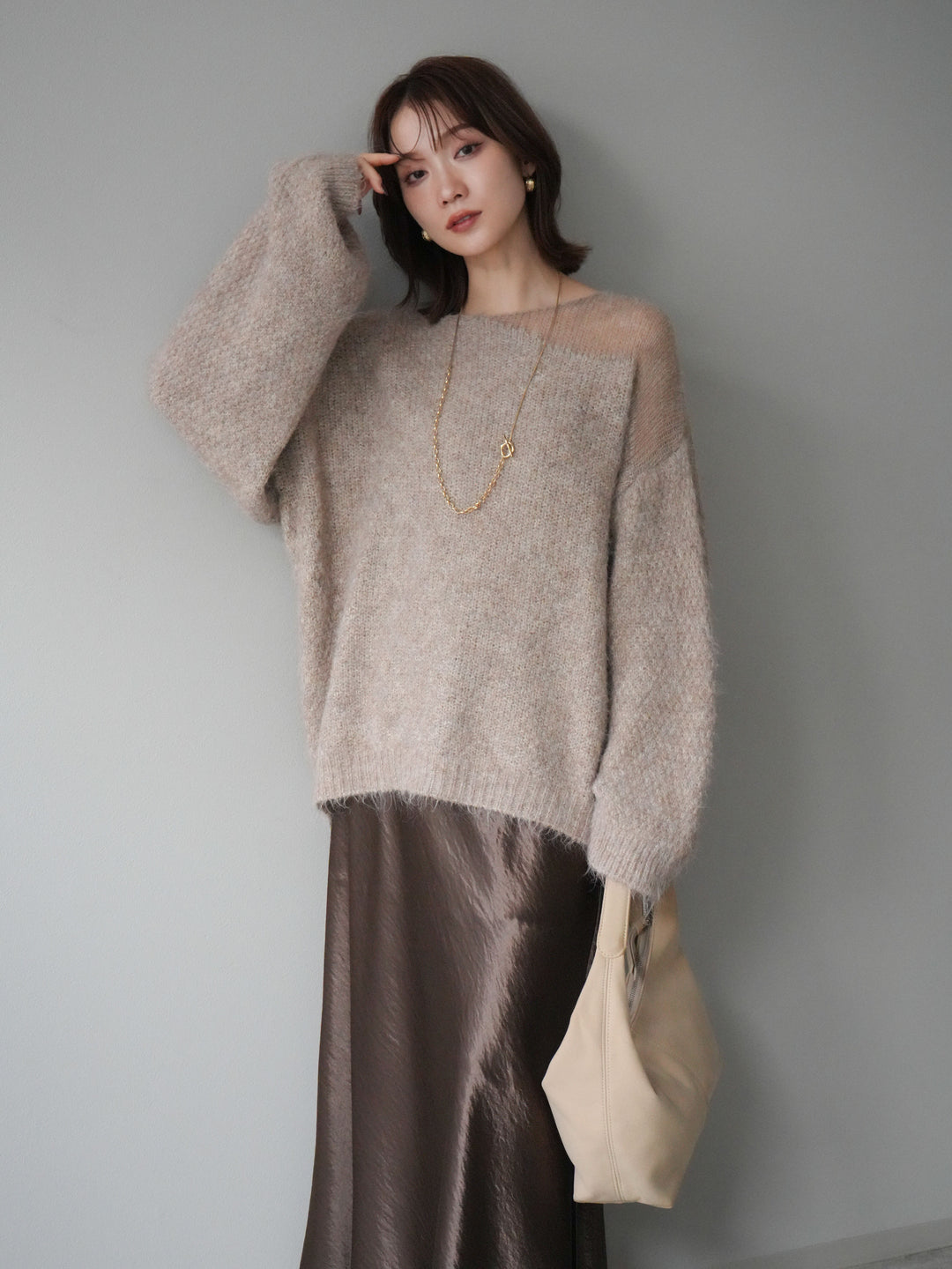 [予約]ネック透かし編みニットプルオーバー/ベージュ
